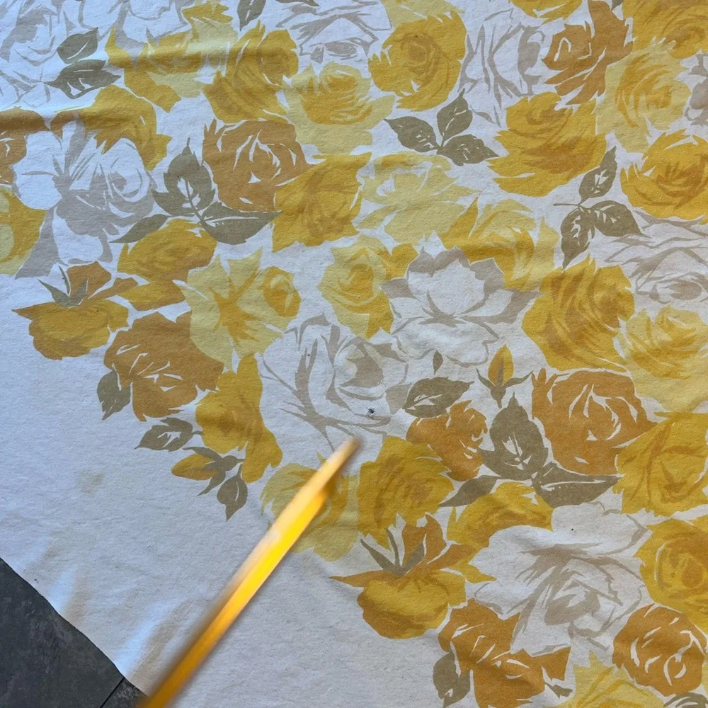 Vintage yellow, golds & taupes floral round corner cotton tablecloth beautiful
